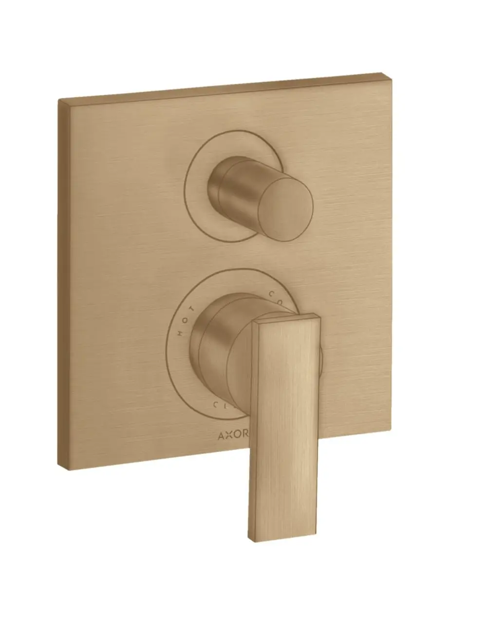 Ein Unterputz-Wannenmischer mit Hebelgriff in gebürstetem Bronze-Finish. Die Steuerelemente sind kreisförmig und rechteckig, mit der Marke AXOR sichtbar.